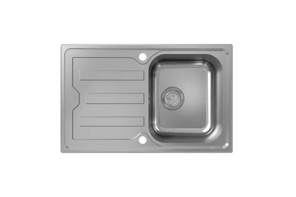 Einbauspüle aus Edelstahl mit einer Hauptschüssel und Abtropffläche auf der linken Seite. Automatische Ablaufgarnitur. Marke Hansgrohe.